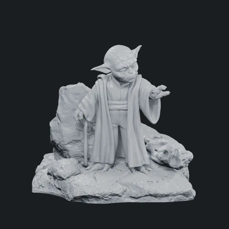 Assembled Yoda — original platform, cane and four keys — Three-quarter view