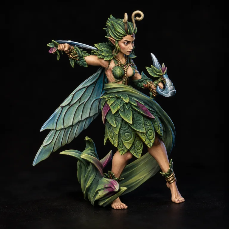 Sprite with Twin Daggers — emerald woodland