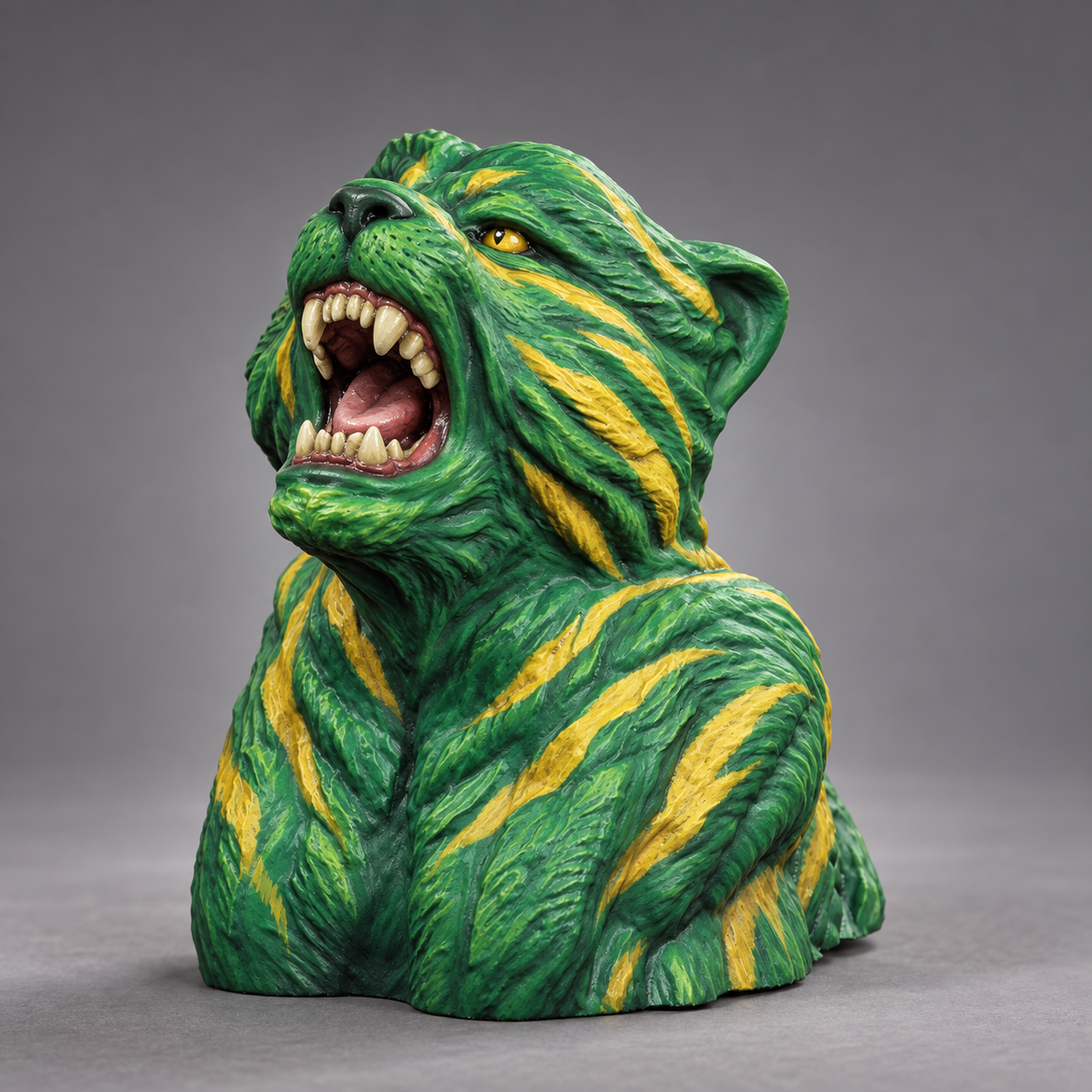 Green fur and golden stripes