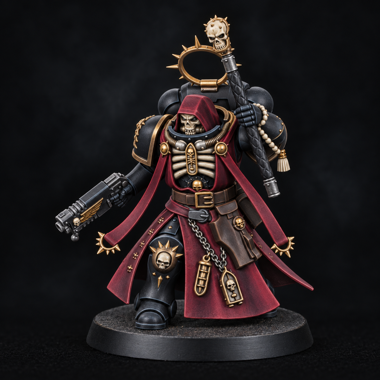 Black armour and burgundy robes
