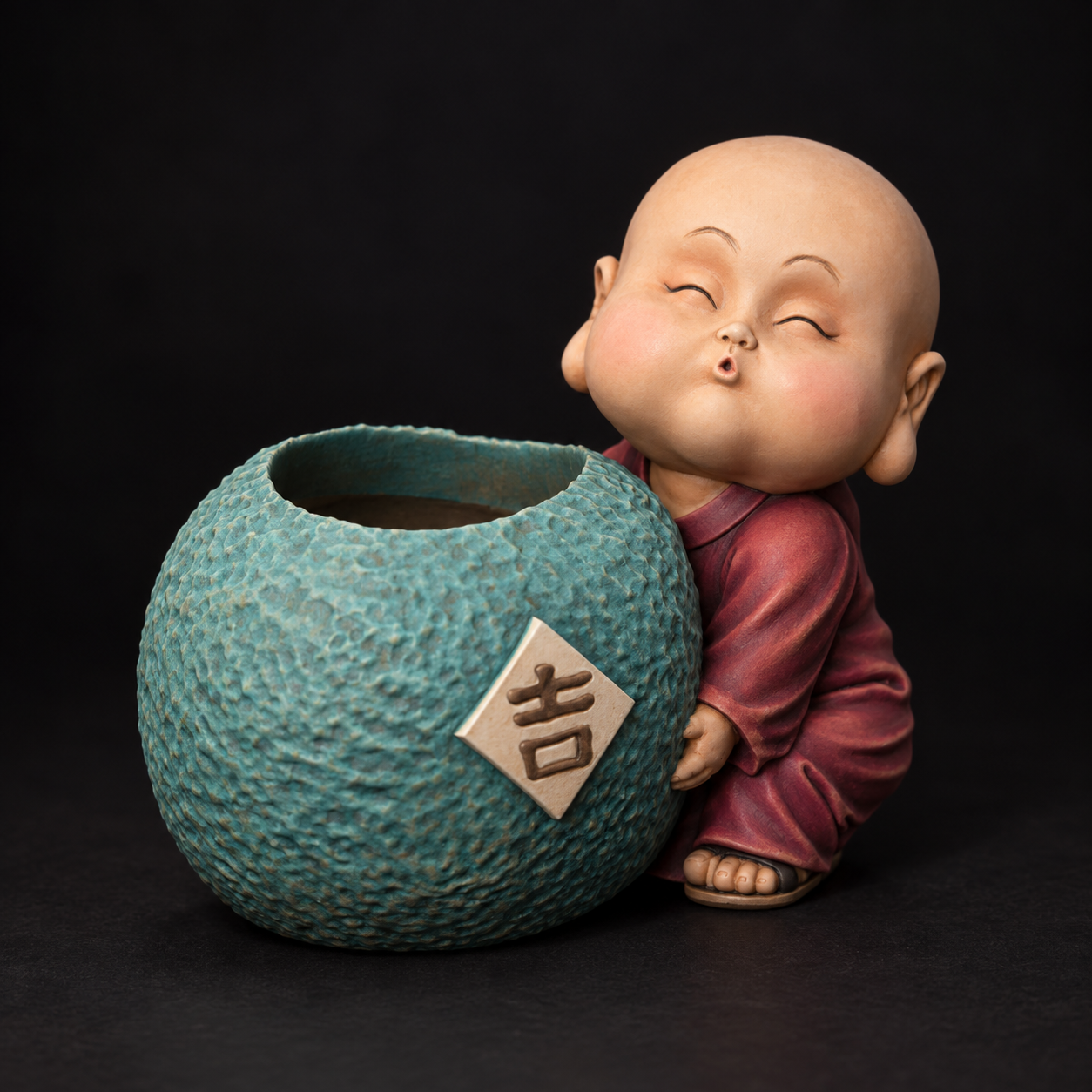 Burgundy robe and jade planter