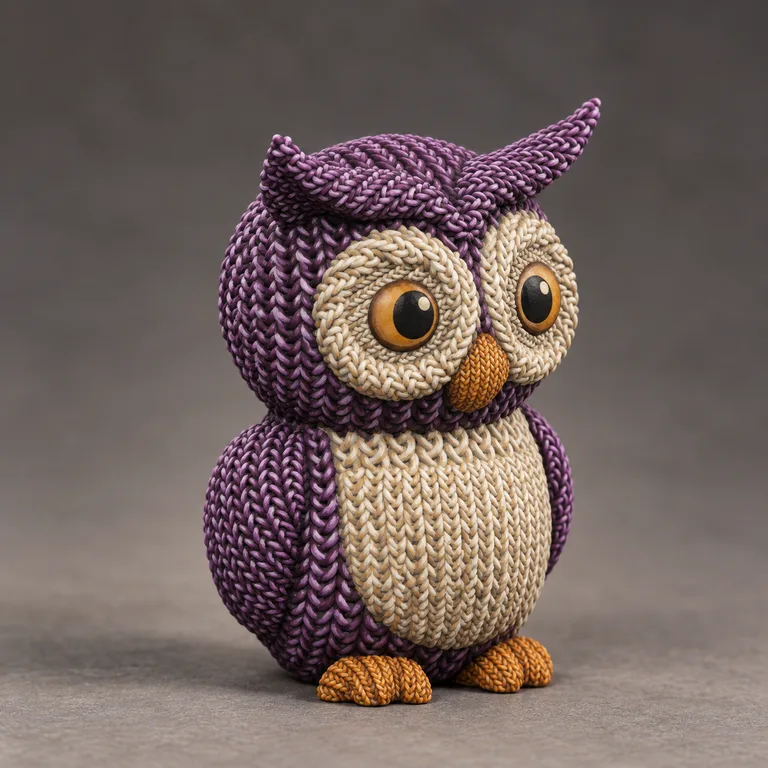 Knitted owl — plum and ivory