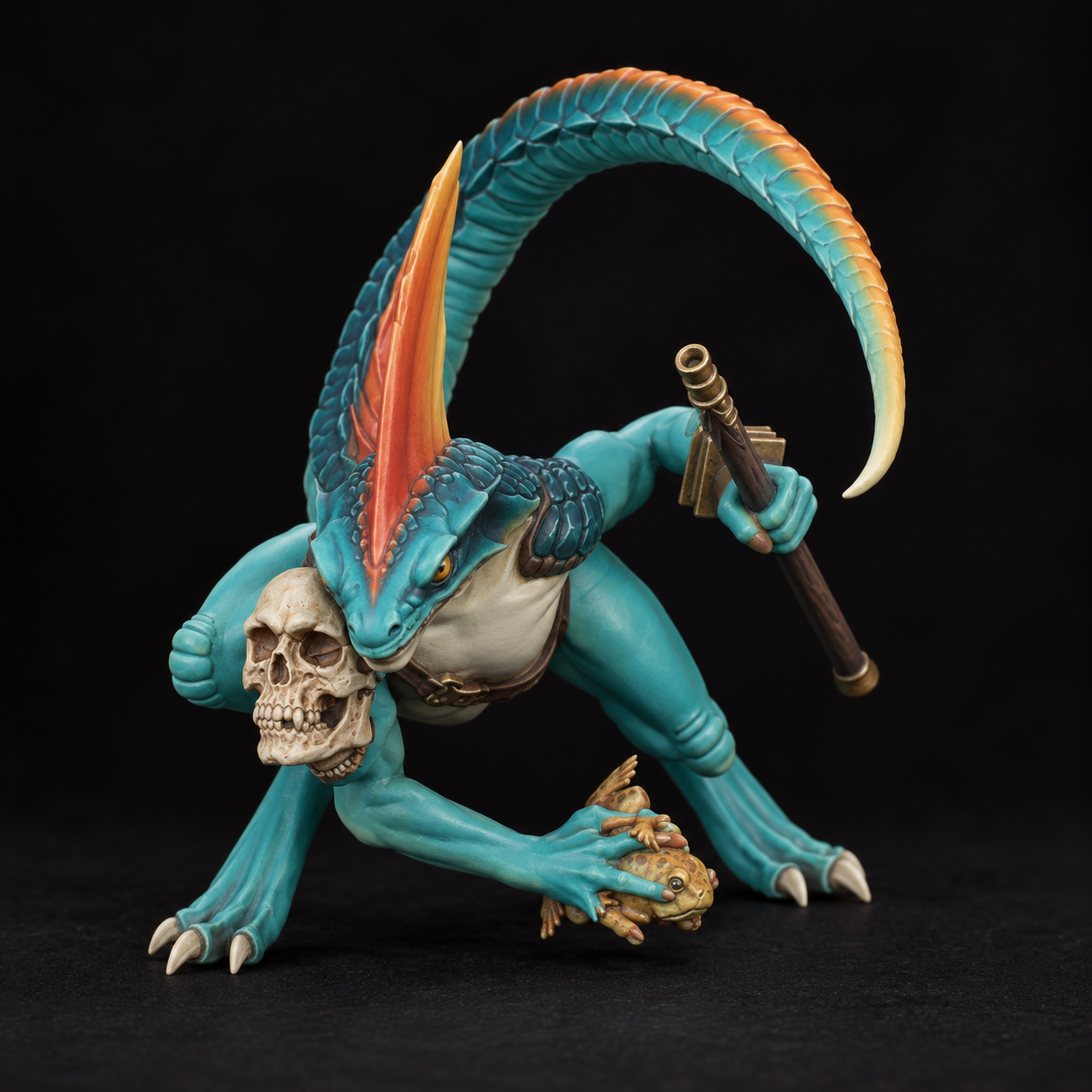 Turquoise scales and an orange crest