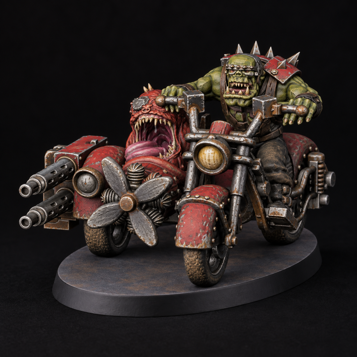 Painted Ork warbiker and squig sidecar