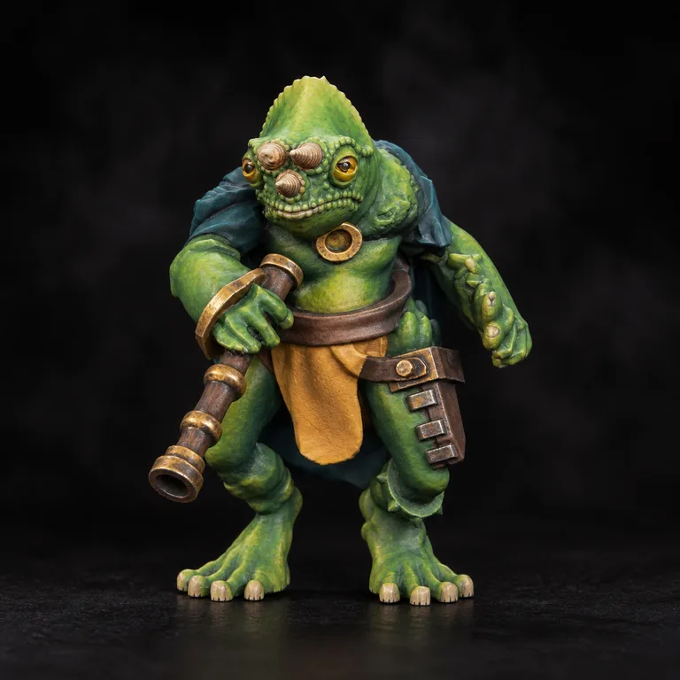 Moss-green skin and a deep teal cloak