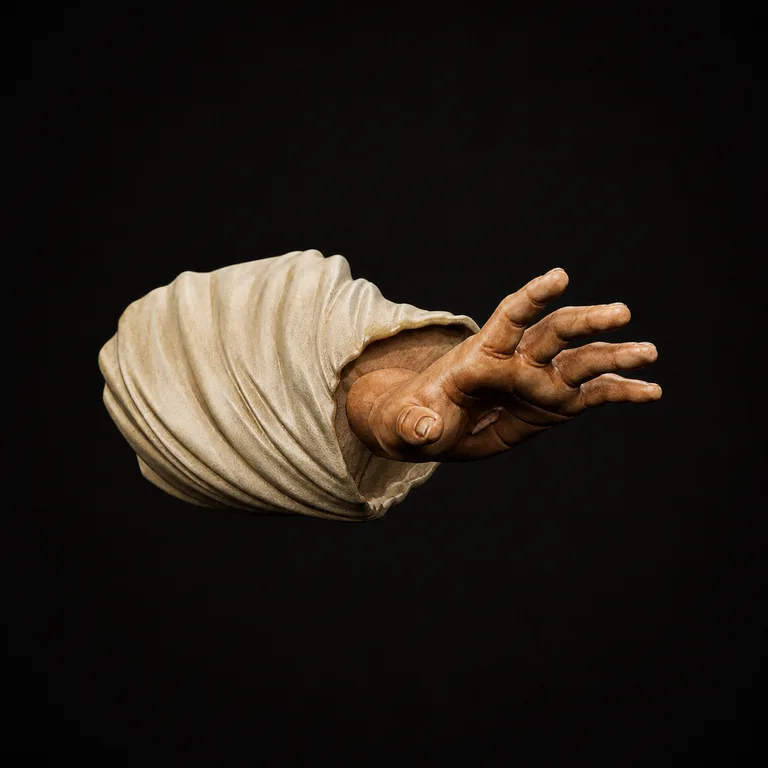 Blessing hand — warm skin and aged linen sleeve