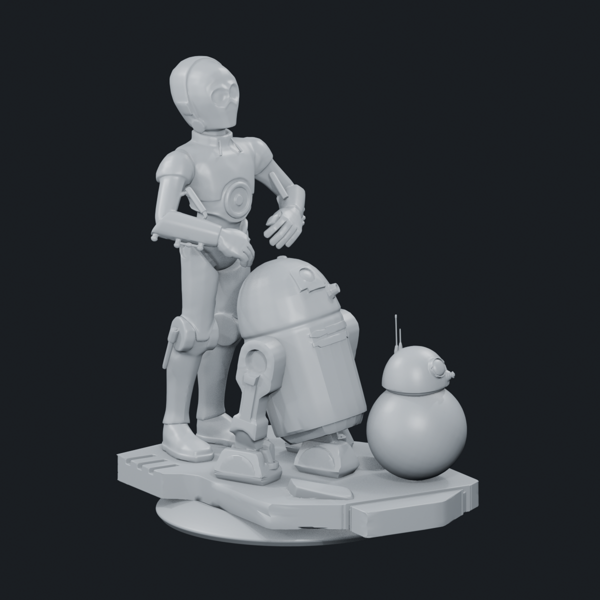 Three droids on their complete display base — three-quarter view