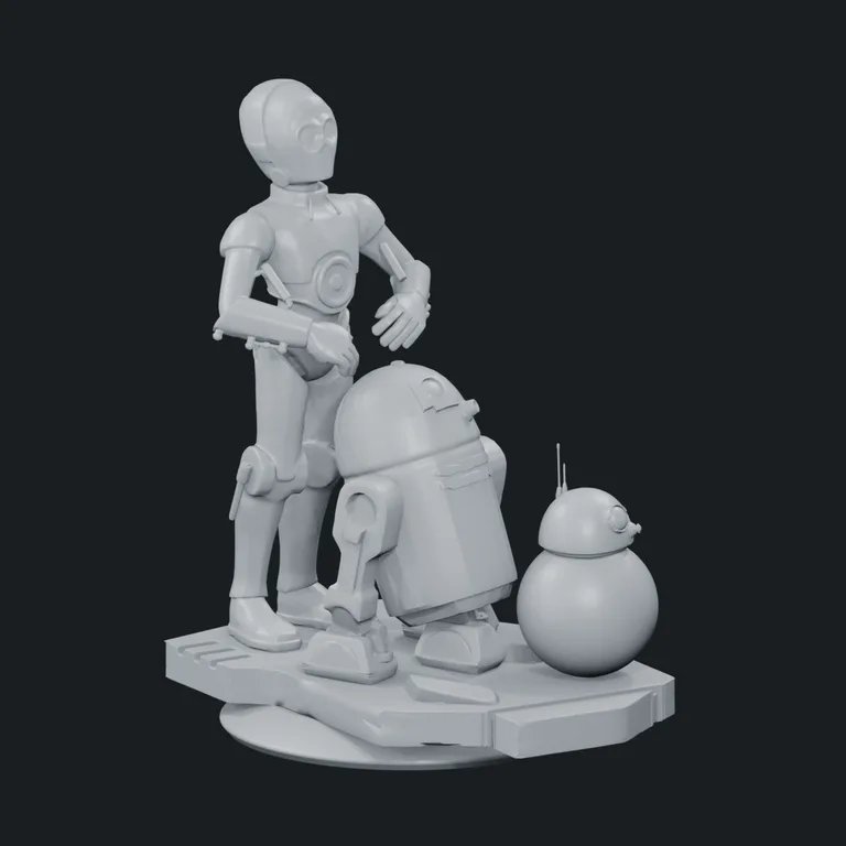 Three droids on their complete display base — three-quarter view