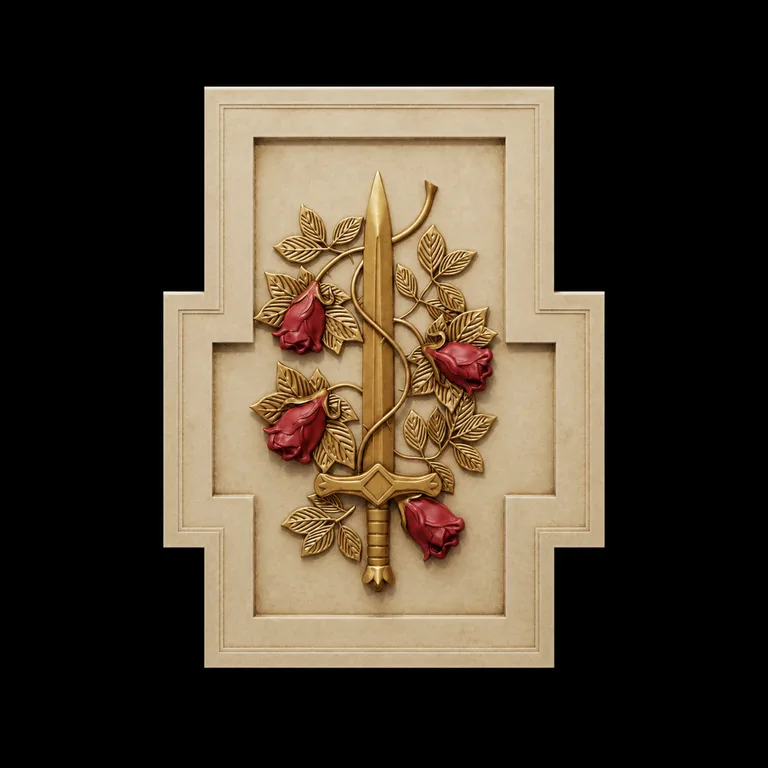 Decorative cross — antique ivory, aged gold and restrained crimson