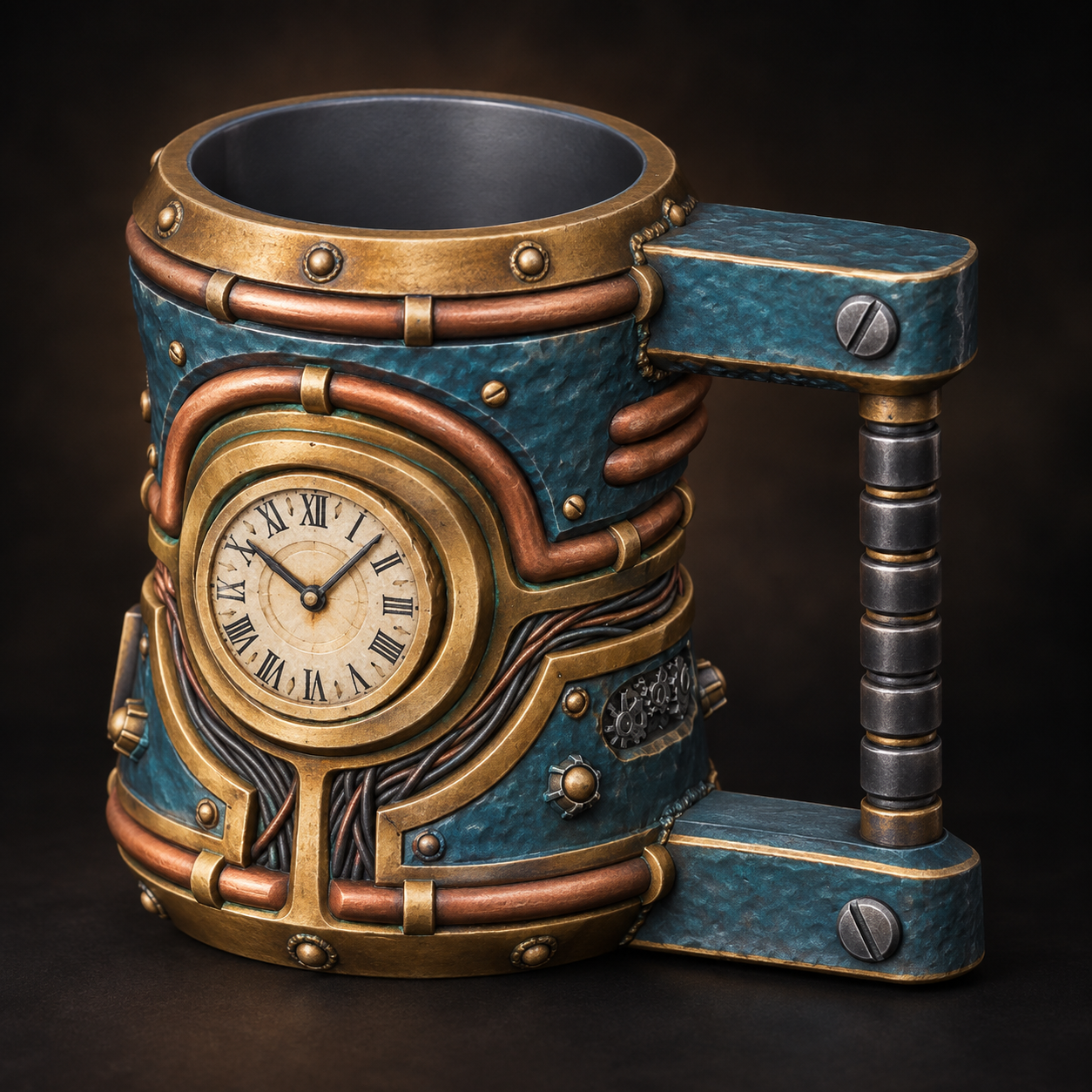 Petrol blue, brass and copper
